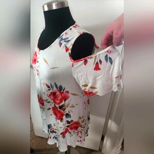 Round Neck Off Shoulder Short Sleeve white TankTop w/ Pink Roses Blouse XL